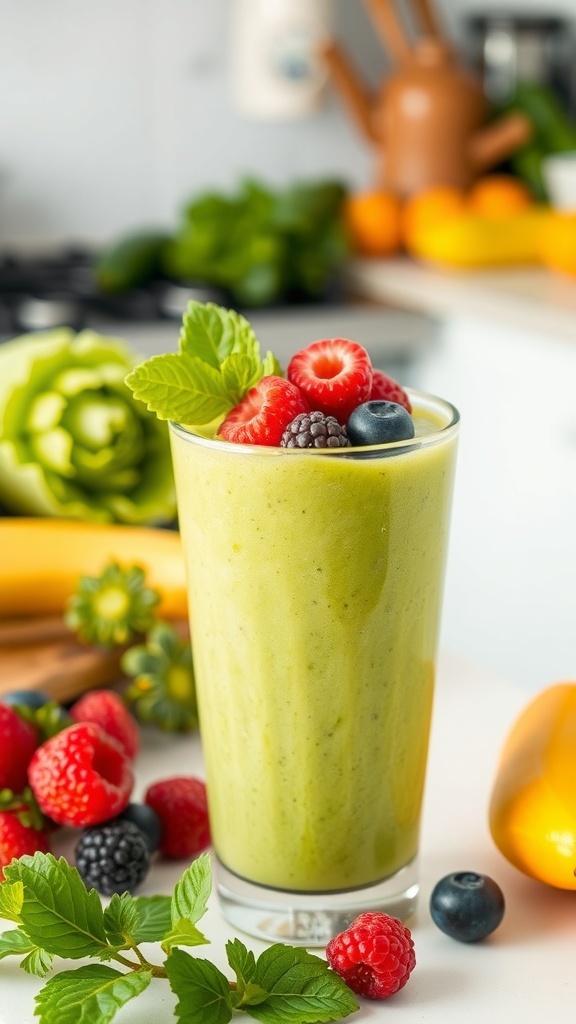 A green smoothie in a glass topped with berries and chia seeds, surrounded by fresh fruits and vegetables.